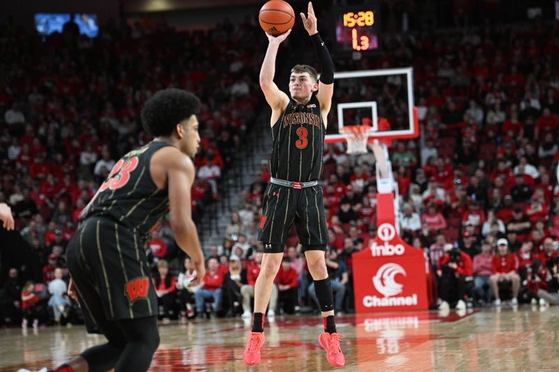 Feb 11, 2023; Lincoln, Nebraska, USA;  Wisconsin Badgers guard Connor Essegian (3) attempts a three point shot against the Nebraska Cornhuskers in the second half at Pinnacle Bank Arena. Mandatory Credit: Steven Branscombe-USA TODAY Sports