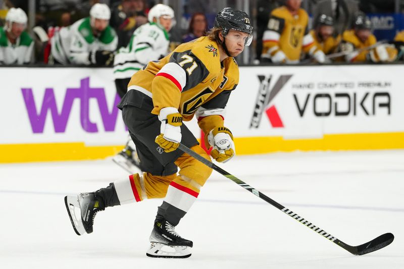 Oct 17, 2023; Las Vegas, Nevada, USA; Vegas Golden Knights center William Karlsson (71) skates against the Dallas Stars during the third period at T-Mobile Arena. Mandatory Credit: Stephen R. Sylvanie-USA TODAY Sports