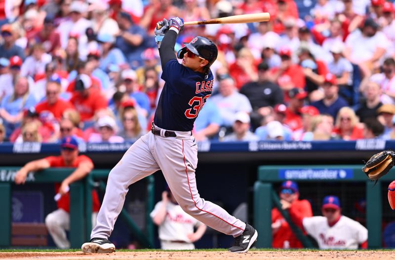 May 7, 2023; Philadelphia, Pennsylvania, USA; Boston Red Sox first baseman Triston Casas (36) hits a home run against the Philadelphia Phillies in the fifth inning at Citizens Bank Park. Mandatory Credit: Kyle Ross-USA TODAY Sports