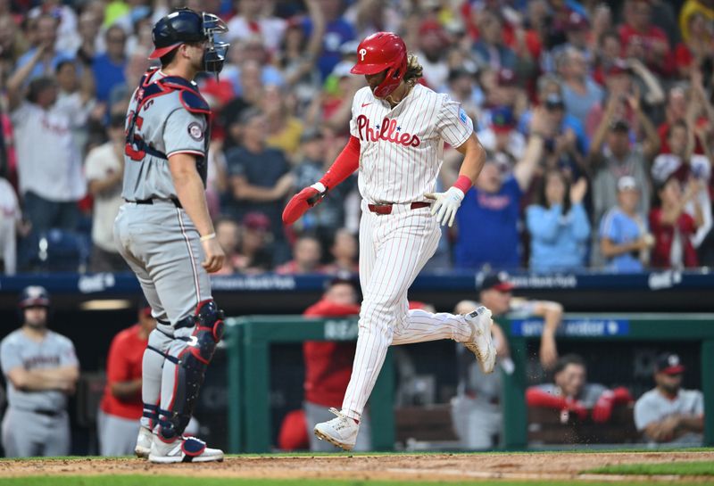 Aug 17, 2024; Philadelphia, Pennsylvania, USA; Philadelphia Phillies infielder Alec Bohm (28) advances home to score against the Washington Nationals in the fourth inning at Citizens Bank Park. Mandatory Credit: Kyle Ross-USA TODAY Sports