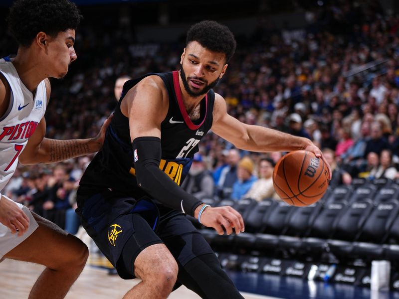 DENVER, CO - JANUARY 7: Jamal Murray #27 of the Denver Nuggets dribbles the ball during the game against the Detroit Pistons on January 7, 2024 at the Ball Arena in Denver, Colorado. NOTE TO USER: User expressly acknowledges and agrees that, by downloading and/or using this Photograph, user is consenting to the terms and conditions of the Getty Images License Agreement. Mandatory Copyright Notice: Copyright 2024 NBAE (Photo by Garrett Ellwood/NBAE via Getty Images)