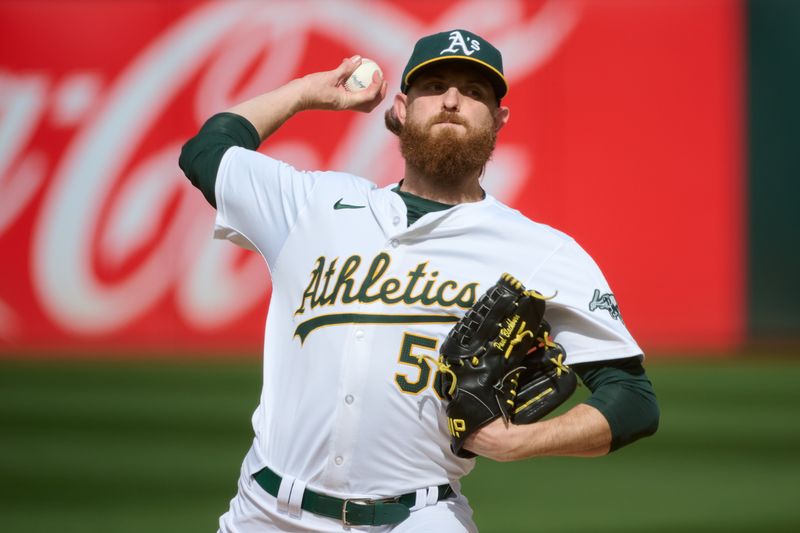 May 4, 2024; Oakland, California, USA; Oakland Athletics starting pitcher Paul Blackburn (58) throws a pitch against the Miami Marlins during the first inning at Oakland-Alameda County Coliseum. Mandatory Credit: Robert Edwards-USA TODAY Sports