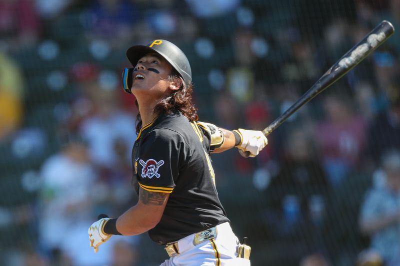 Mar 7, 2025; Bradenton, Florida, USA; Pittsburgh Pirates outfielder Ji Hwan Bae (3) singles against the Philadelphia Phillies in the fifth inning during spring training at LECOM Park. Mandatory Credit: Nathan Ray Seebeck-Imagn Images