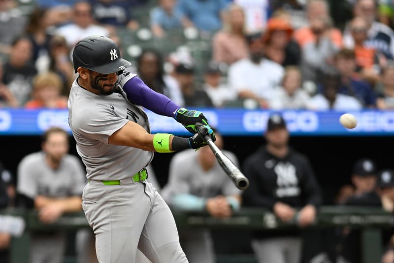 Sep 21, 2025; Baltimore, Maryland, USA;  New York Yankees shortstop José Caballero (72) hits a tenth inning double against the Baltimore Orioles at Oriole Park at Camden Yards. Mandatory Credit: Tommy Gilligan-Imagn Images