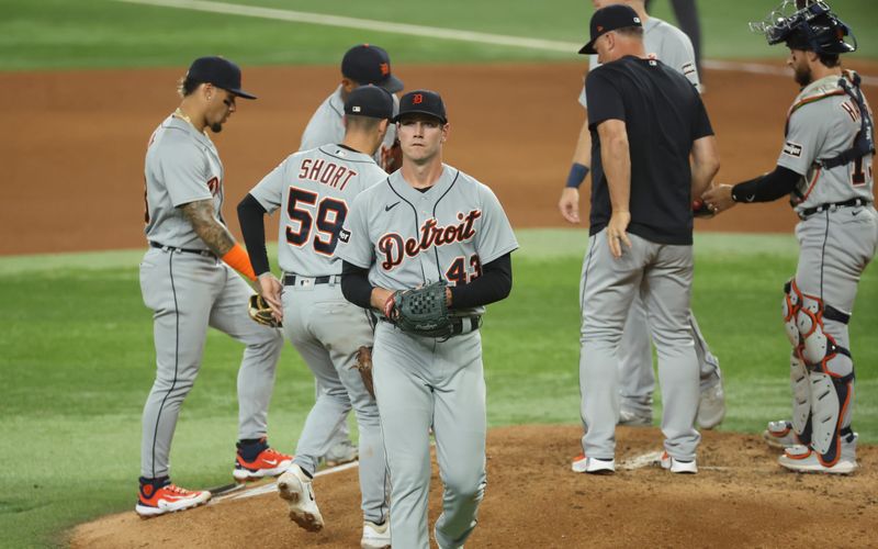 Jun 28, 2023; Arlington, Texas, USA;  Detroit Tigers starting pitcher Joey Wentz (43) leaves the game during the fifth inning against the Texas Rangers at Globe Life Field. Mandatory Credit: Kevin Jairaj-USA TODAY Sports