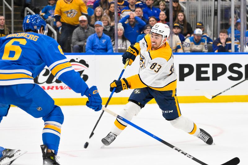 Dec 27, 2025; St. Louis, Missouri, USA; Nashville Predators defenseman Adam Wilsby (83) shoots against the St. Louis Blues during the third period at Enterprise Center. Mandatory Credit: Jeff Curry-Imagn Images