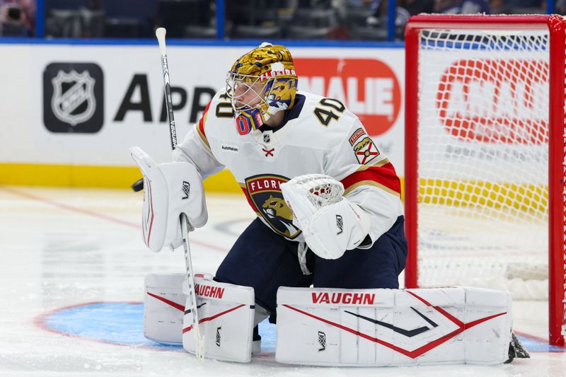 Oct 2, 2025; Tampa, Florida, USA; Tampa Bay Lightning center Jake Guentzel (59) (not pictured) scores a goal past Florida Panthers goaltender Daniil Tarasov (40) in the third period  at Benchmark International Arena. Mandatory Credit: Nathan Ray Seebeck-Imagn Images