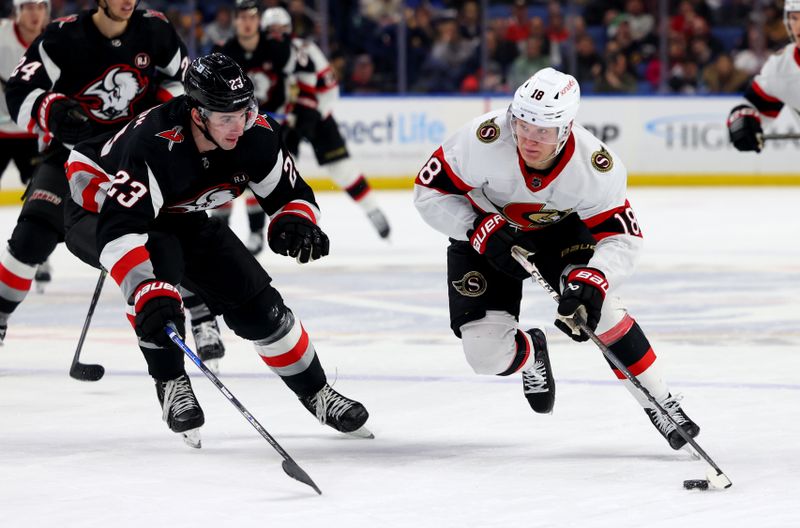 Jan 11, 2024; Buffalo, New York, USA;  Ottawa Senators center Tim Stutzle (18) skates with the puck as Buffalo Sabres defenseman Mattias Samuelsson (23) defends during the second period at KeyBank Center. Mandatory Credit: Timothy T. Ludwig-USA TODAY Sports