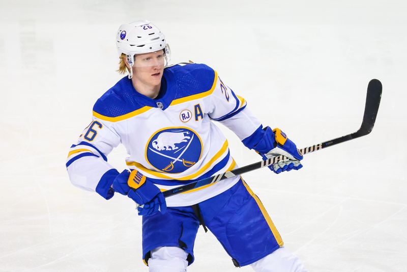 Mar 24, 2024; Calgary, Alberta, CAN; Buffalo Sabres defenseman Rasmus Dahlin (26) skates during the warmup period against the Calgary Flames at Scotiabank Saddledome. Mandatory Credit: Sergei Belski-USA TODAY Sports