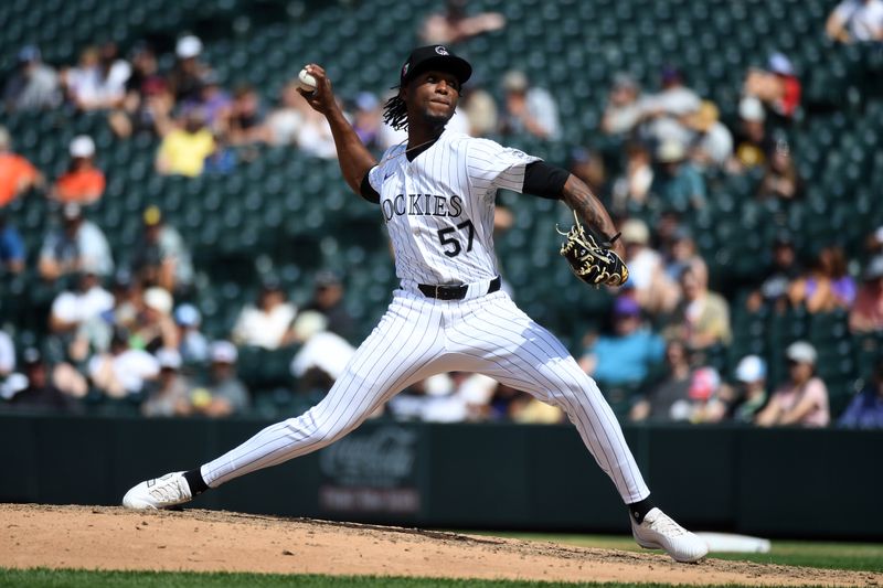 Aug 18, 2024; Denver, Colorado, USA; Colorado Rockies pitcher Angel Chivilli (57) throws in the sixth inning against the San Diego Padres at Coors Field. Mandatory Credit: Christopher Hanewinckel-USA TODAY Sports