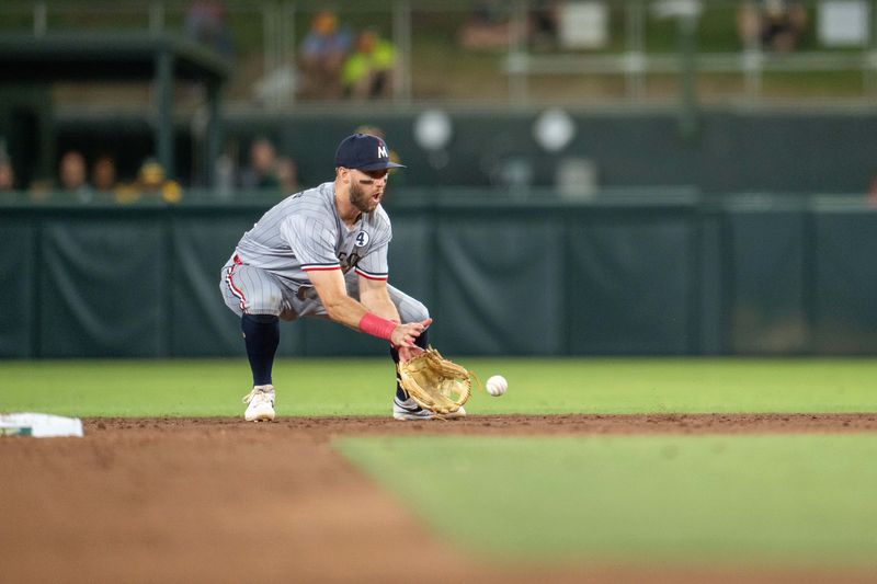 Jun 2, 2025; West Sacramento, California, USA; Minnesota Twins second baseman Kody Clemens (18) fields a ground ball and starts a double play against the Athletics during the ninth inning at Sutter Health Park. Mandatory Credit: Neville E. Guard-Imagn Images