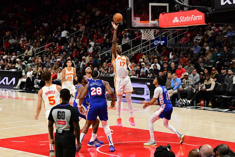 ATLANTA, GA - MARCH 10: Onyeka Okongwu #17 of the Atlanta Hawks shoots the ball during the game against the Philadelphia 76ers on March 10, 2025 at State Farm Arena in Atlanta, Georgia.  NOTE TO USER: User expressly acknowledges and agrees that, by downloading and/or using this Photograph, user is consenting to the terms and conditions of the Getty Images License Agreement. Mandatory Copyright Notice: Copyright 2025 NBAE(Photo by Adam Hagy/NBAE via Getty Images)