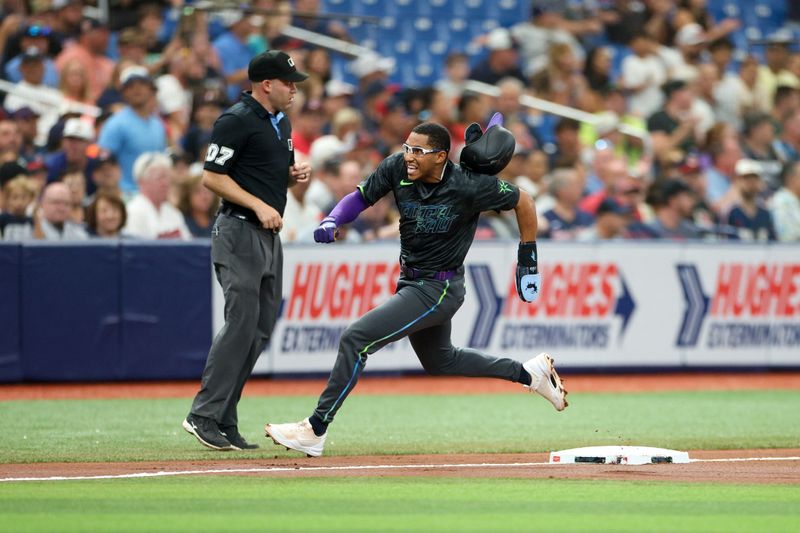 Jul 13, 2024; St. Petersburg, Florida, USA; Tampa Bay Rays outfielder Richie Palacios (1) rounds third base against the Cleveland Guardians in the third inning at Tropicana Field. Mandatory Credit: Nathan Ray Seebeck-USA TODAY Sports