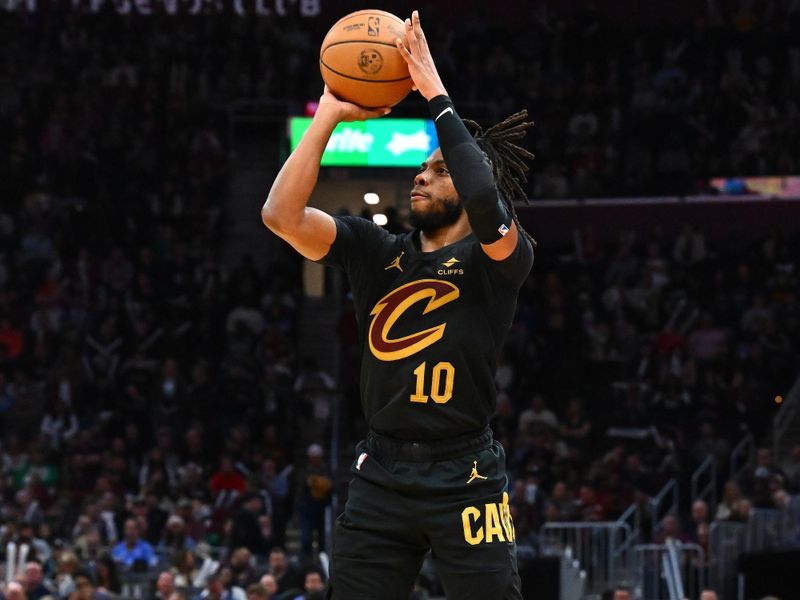 CLEVELAND, OHIO - MARCH 05: Darius Garland #10 of the Cleveland Cavaliers shoots during the third quarter against the Boston Celtics at Rocket Mortgage Fieldhouse on March 05, 2024 in Cleveland, Ohio. The Cavaliers defeated the Celtics 105-104. NOTE TO USER: User expressly acknowledges and agrees that, by downloading and or using this photograph, User is consenting to the terms and conditions of the Getty Images License Agreement. (Photo by Jason Miller/Getty Images)