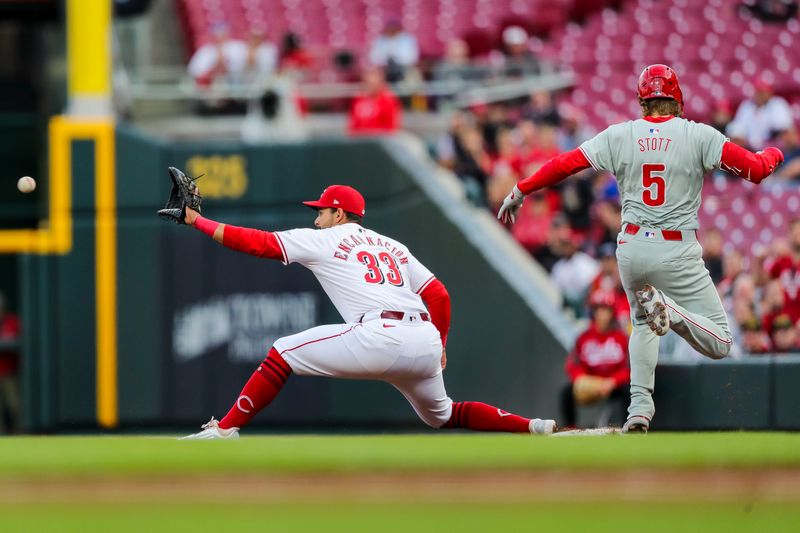 Apr 22, 2024; Cincinnati, Ohio, USA; Philadelphia Phillies second baseman Bryson Stott (5) runs to first against Cincinnati Reds first baseman Christian Encarnacion-Strand (33) in the fourth inning at Great American Ball Park. Mandatory Credit: Katie Stratman-USA TODAY Sports