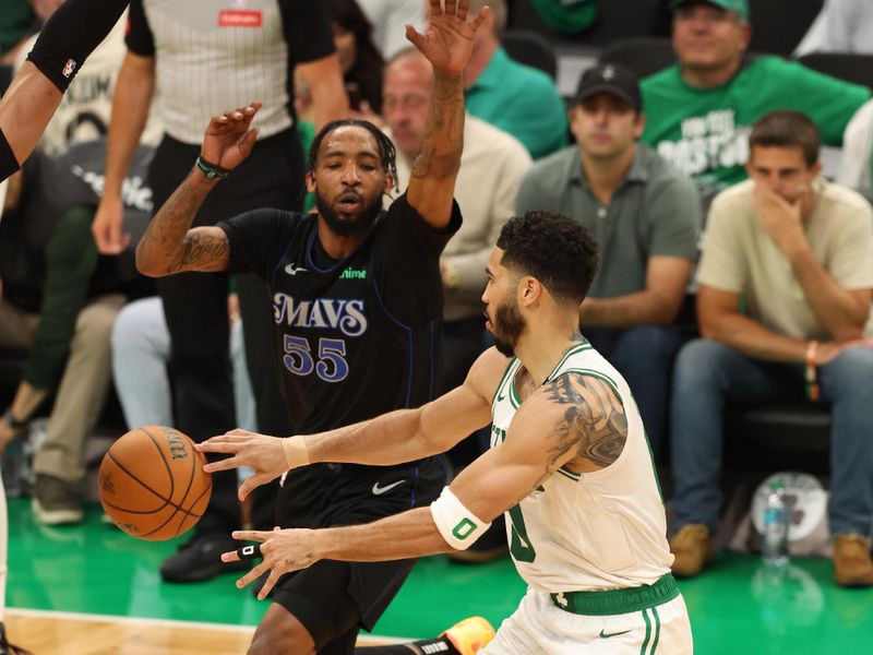 BOSTON, MA - JUNE 6: Jayson Tatum #0 of the Boston Celtics passes the ball during the game against the Dallas Mavericks during Game One of the 2024 NBA Finals on June 6, 2024 at the TD Garden in Boston, Massachusetts. NOTE TO USER: User expressly acknowledges and agrees that, by downloading and or using this photograph, User is consenting to the terms and conditions of the Getty Images License Agreement. Mandatory Copyright Notice: Copyright 2024 NBAE  (Photo by Lauren Leigh Bacho/NBAE via Getty Images)