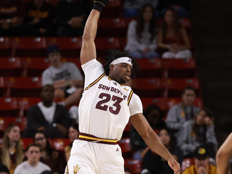 Jan 3, 2026; Tempe, Arizona, USA; Arizona State Sun Devils forward Allen Mukeba (23) against the Colorado Buffaloes in the first half at Desert Financial Arena. Mandatory Credit: Mark J. Rebilas-Imagn Images