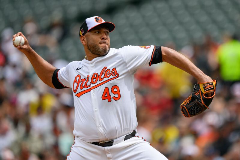 Aug 18, 2024; Baltimore, Maryland, USA; Baltimore Orioles pitcher Albert Suárez (49) throws a pitch during the first inning against the Boston Red Sox at Oriole Park at Camden Yards. Mandatory Credit: Reggie Hildred-USA TODAY Sports