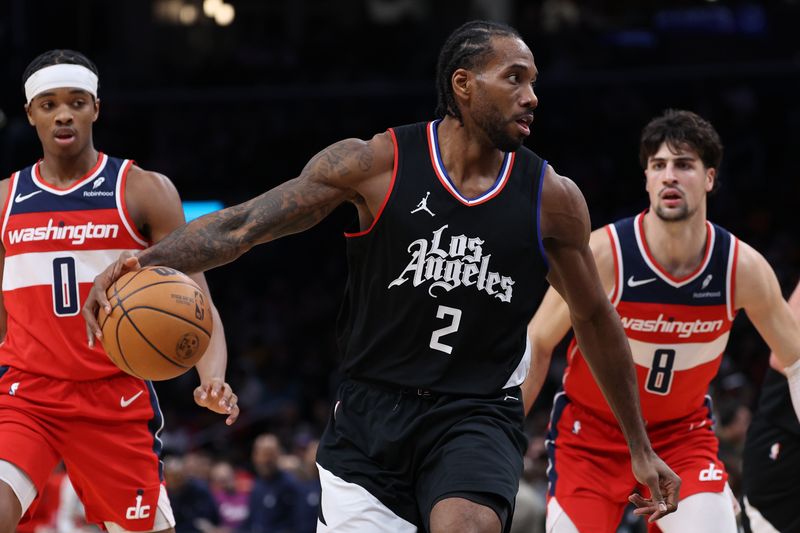 WASHINGTON, DC - JANUARY 31: Kawhi Leonard #2 of the LA Clippers dribbles against the Washington Wizards at Capital One Arena on January 31, 2024 in Washington, DC. NOTE TO USER: User expressly acknowledges and agrees that, by downloading and or using this photograph, User is consenting to the terms and conditions of the Getty Images License Agreement.  (Photo by Patrick Smith/Getty Images)