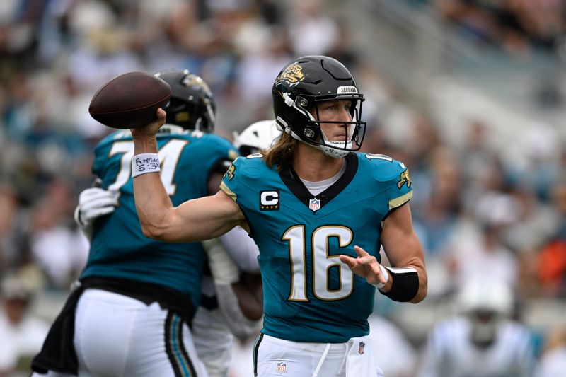 Jacksonville Jaguars quarterback Trevor Lawrence throws during the second half of an NFL football game against the Indianapolis Colts, Sunday, Oct. 6, 2024, in Jacksonville, Fla. (AP Photo/Phelan M. Ebenhack)