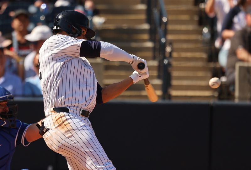 Feb 25, 2024; Tampa, Florida, USA; New York Yankees left fielder Juan Soto (22) hits a three run home run during the fourth inning against the Toronto Blue Jays at George M. Steinbrenner Field. Mandatory Credit: Kim Klement Neitzel-USA TODAY Sports