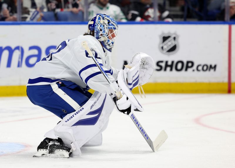 Mar 14, 2026; Buffalo, New York, USA;  Toronto Maple Leafs goaltender Joseph Woll (60) looks for the puck during the second period against the Buffalo Sabres at KeyBank Center. Mandatory Credit: Timothy T. Ludwig-Imagn Images