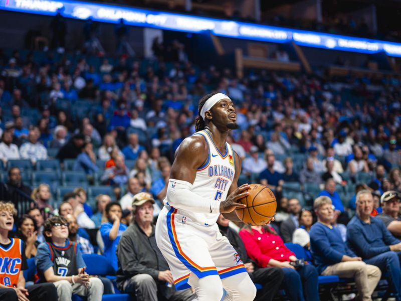 TULSA, OK - OCTOBER 19: Luguentz Dort #5 of the Oklahoma City Thunder shoots the ball during the game against the Detroit Pistons on October 19, 2023 at the BOK Center in Tulsa, Oklahoma. NOTE TO USER: User expressly acknowledges and agrees that, by downloading and or using this photograph, User is consenting to the terms and conditions of the Getty Images License Agreement. Mandatory Copyright Notice: Copyright 2023 NBAE (Photo by Zach Beeker/NBAE via Getty Images)