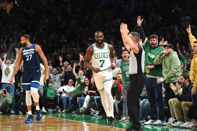 BOSTON, MA - NOVEMBER 24: Jaylen Brown #7 of the Boston Celtics looks on during the game against the Minnesota Timberwolves on November 24, 2024 at the TD Garden in Boston, Massachusetts. NOTE TO USER: User expressly acknowledges and agrees that, by downloading and or using this photograph, User is consenting to the terms and conditions of the Getty Images License Agreement. Mandatory Copyright Notice: Copyright 2024 NBAE(Photo by Brian Babineau/NBAE via Getty Images)