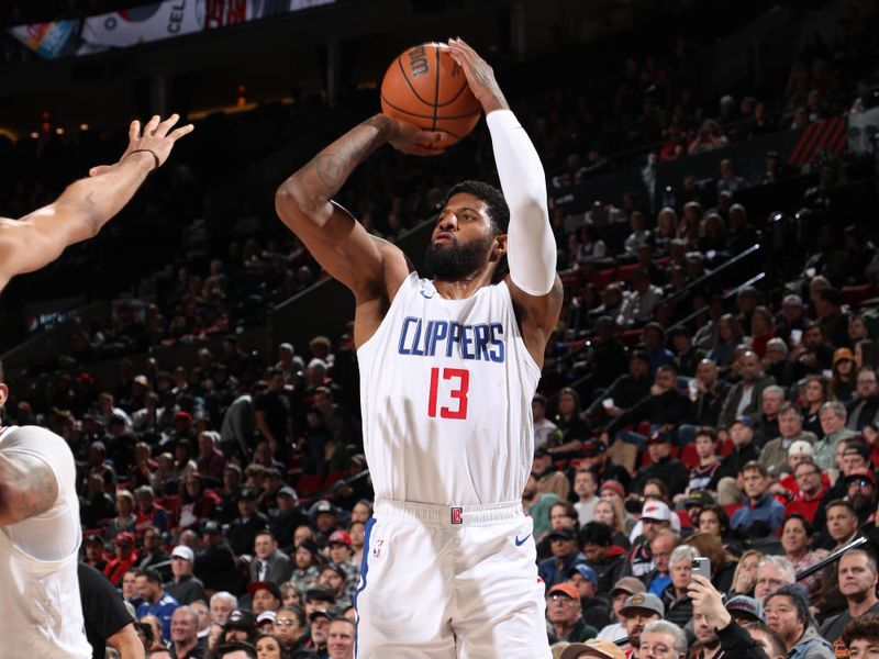 PORTLAND, OR - MARCH 20: Paul George #13 of the LA Clippers shoots the ball during the game against the Portland Trail Blazers on March 20, 2024 at the Moda Center Arena in Portland, Oregon. NOTE TO USER: User expressly acknowledges and agrees that, by downloading and or using this photograph, user is consenting to the terms and conditions of the Getty Images License Agreement. Mandatory Copyright Notice: Copyright 2024 NBAE (Photo by Cameron Browne/NBAE via Getty Images)