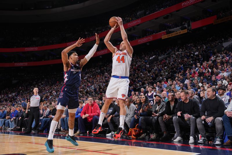 PHILADELPHIA, PA - FEBRUARY 22: Bojan Bogdanovic #44 of the New York Knicks shoots a three point basket against the Philadelphia 76ers on February 22, 2024 at the Wells Fargo Center in Philadelphia, Pennsylvania NOTE TO USER: User expressly acknowledges and agrees that, by downloading and/or using this Photograph, user is consenting to the terms and conditions of the Getty Images License Agreement. Mandatory Copyright Notice: Copyright 2024 NBAE (Photo by Jesse D. Garrabrant/NBAE via Getty Images)