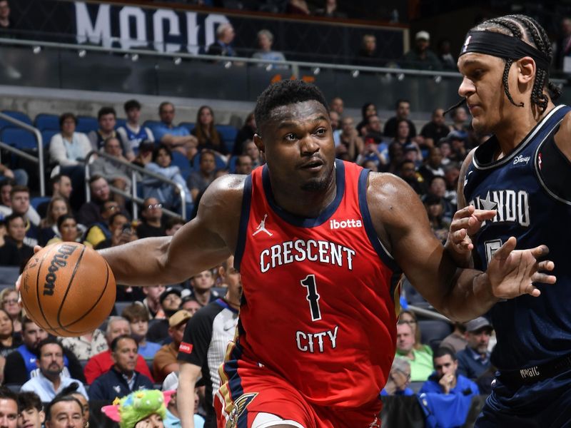 ORLANDO, FL - MARCH 21: Zion Williamson #1 of the New Orleans Pelicans dribbles the ball during the game against the Orlando Magic on March 21, 2024 at Amway Center in Orlando, Florida. NOTE TO USER: User expressly acknowledges and agrees that, by downloading and or using this photograph, User is consenting to the terms and conditions of the Getty Images License Agreement. Mandatory Copyright Notice: Copyright 2024 NBAE (Photo by Fernando Medina/NBAE via Getty Images)