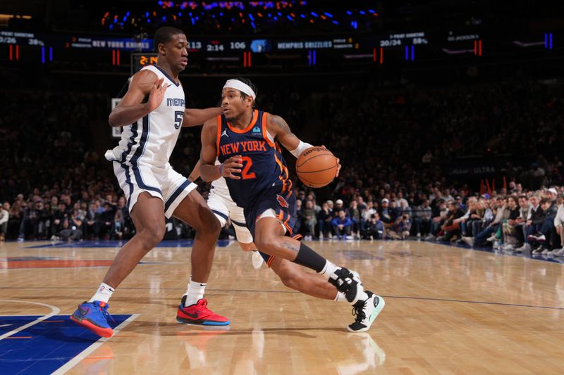 NEW YORK, NY - FEBRUARY 6: Miles McBride #2 of the New York Knicks drives to the basket during the game against the Memphis Grizzlies on February 6, 2024 at Madison Square Garden in New York City, New York.  NOTE TO USER: User expressly acknowledges and agrees that, by downloading and or using this photograph, User is consenting to the terms and conditions of the Getty Images License Agreement. Mandatory Copyright Notice: Copyright 2024 NBAE  (Photo by Jesse D. Garrabrant/NBAE via Getty Images)