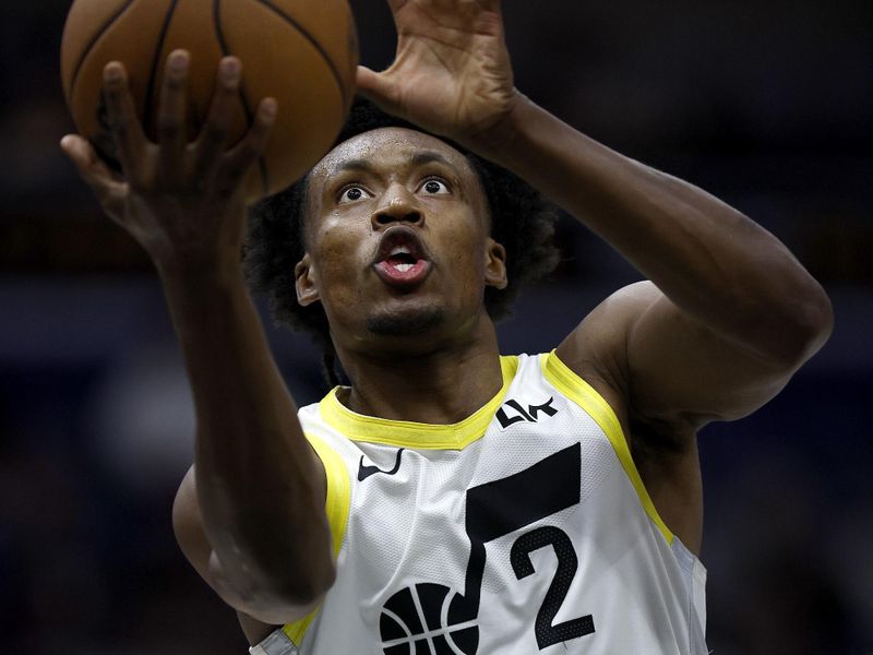 NEW ORLEANS, LOUISIANA - JANUARY 23: Collin Sexton #2 of the Utah Jazz makes a layup during the first quarter of an NBA game against the New Orleans Pelicans at Smoothie King Center on January 23, 2024 in New Orleans, Louisiana. NOTE TO USER: User expressly acknowledges and agrees that, by downloading and or using this photograph, User is consenting to the terms and conditions of the Getty Images License Agreement. (Photo by Sean Gardner/Getty Images)