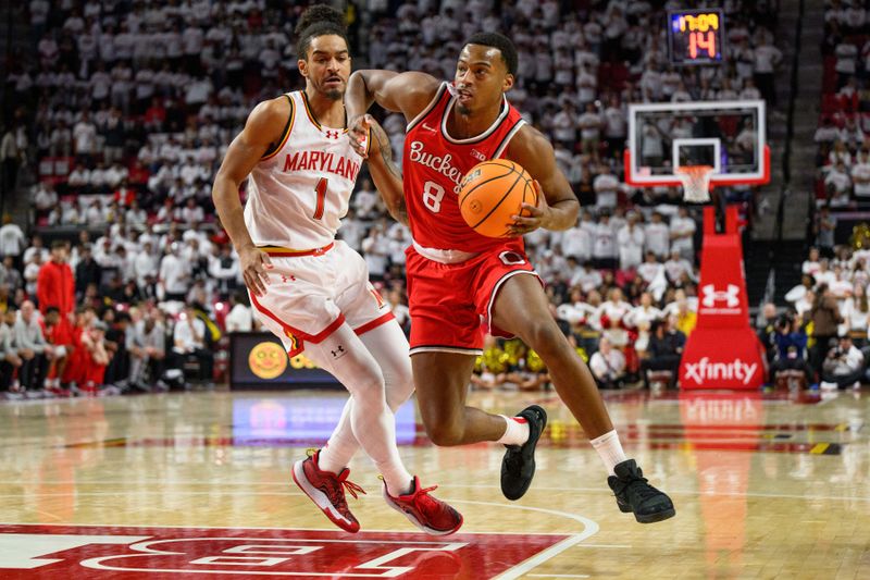 Dec 4, 2024; College Park, Maryland, USA; Ohio State Buckeyes guard Micah Parrish (8) drives against Maryland Terrapins guard Rodney Rice (1) during the first half at Xfinity Center. Mandatory Credit: Reggie Hildred-Imagn Images