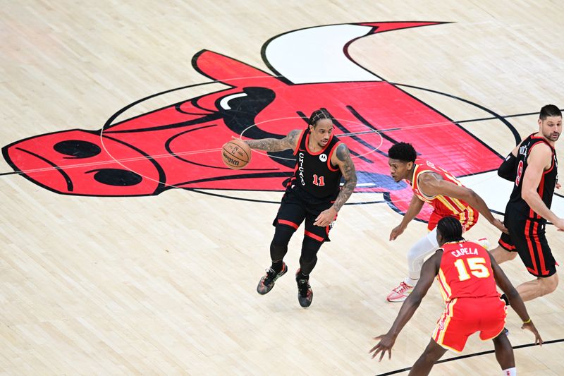 CHICAGO, IL - APRIL 1: DeMar DeRozan #11 of the Chicago Bulls dribbles the ball during the game against the Atlanta Hawks on April 1, 2024 at United Center in Chicago, Illinois. NOTE TO USER: User expressly acknowledges and agrees that, by downloading and or using this photograph, User is consenting to the terms and conditions of the Getty Images License Agreement. Mandatory Copyright Notice: Copyright 2024 NBAE (Photo by Adam Hagy/NBAE via Getty Images)