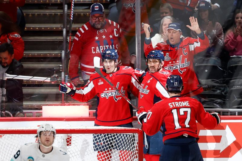 Jan 11, 2024; Washington, District of Columbia, USA; Washington Capitals left wing Max Pacioretty (67) celebrates with teammates after scoring a goal against the Seattle Kraken in the second period at Capital One Arena. Mandatory Credit: Geoff Burke-USA TODAY Sports