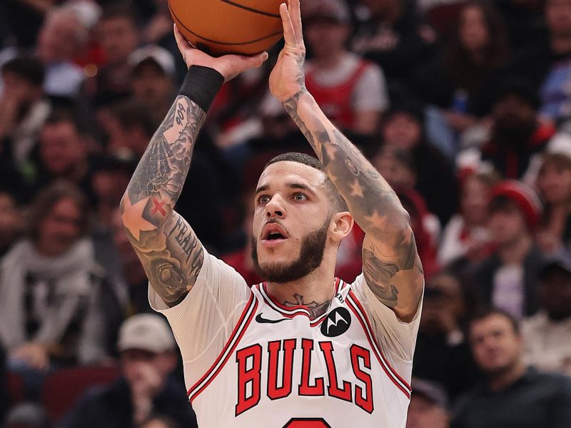 CHICAGO, ILLINOIS - JANUARY 10: Lonzo Ball #2 of the Chicago Bulls shoots a three pointer against the Washington Wizards during the second half at the United Center on January 10, 2025 in Chicago, Illinois. NOTE TO USER: User expressly acknowledges and agrees that, by downloading and or using this photograph, User is consenting to the terms and conditions of the Getty Images License Agreement.  (Photo by Michael Reaves/Getty Images)