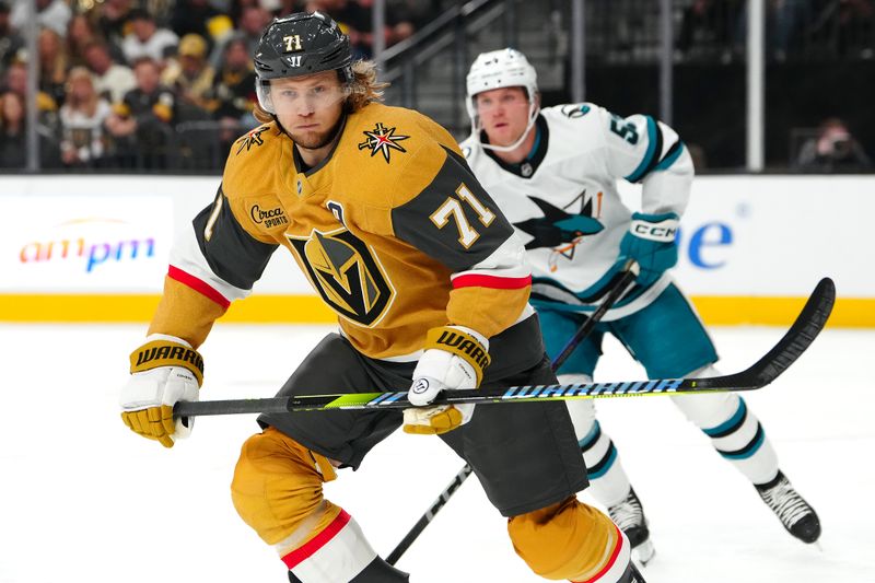 Oct 26, 2024; Las Vegas, Nevada, USA; Vegas Golden Knights center William Karlsson (71) skates against the San Jose Sharks during the second period at T-Mobile Arena. Mandatory Credit: Stephen R. Sylvanie-Imagn Images