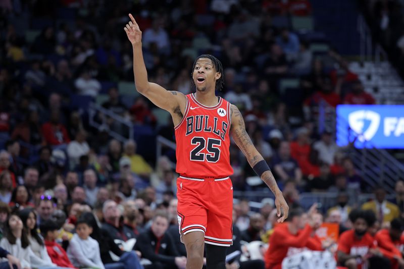 NEW ORLEANS, LOUISIANA - FEBRUARY 25: Dalen Terry #25 of the Chicago Bulls reacts against the New Orleans Pelicans during the first half at the Smoothie King Center on February 25, 2024 in New Orleans, Louisiana. NOTE TO USER: User expressly acknowledges and agrees that, by downloading and or using this Photograph, user is consenting to the terms and conditions of the Getty Images License Agreement. (Photo by Jonathan Bachman/Getty Images)