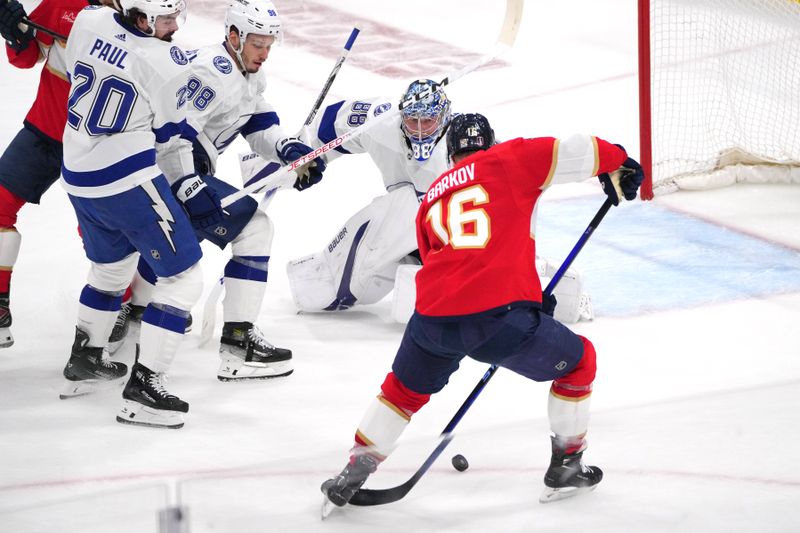 Apr 29, 2024; Sunrise, Florida, USA; Florida Panthers center Aleksander Barkov (16) shoots and scores a short-handed goal against Tampa Bay Lightning goaltender Andrei Vasilevskiy (88) during the second period in game five of the first round of the 2024 Stanley Cup Playoffs at Amerant Bank Arena. Mandatory Credit: Jim Rassol-USA TODAY Sports