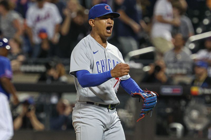 Aug 8, 2023; New York City, New York, USA; Chicago Cubs relief pitcher Adbert Alzolay (73) reacts after closing the game against the New York Mets at Citi Field. Mandatory Credit: Vincent Carchietta-USA TODAY Sports