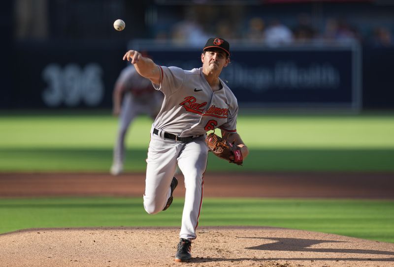 Aug 16, 2023; San Diego, California, USA; Baltimore Orioles starting pitcher Dean Kremer (64) throws a pitch against the San Diego Padres during the first inning at Petco Park. Mandatory Credit: Ray Acevedo-USA TODAY Sports