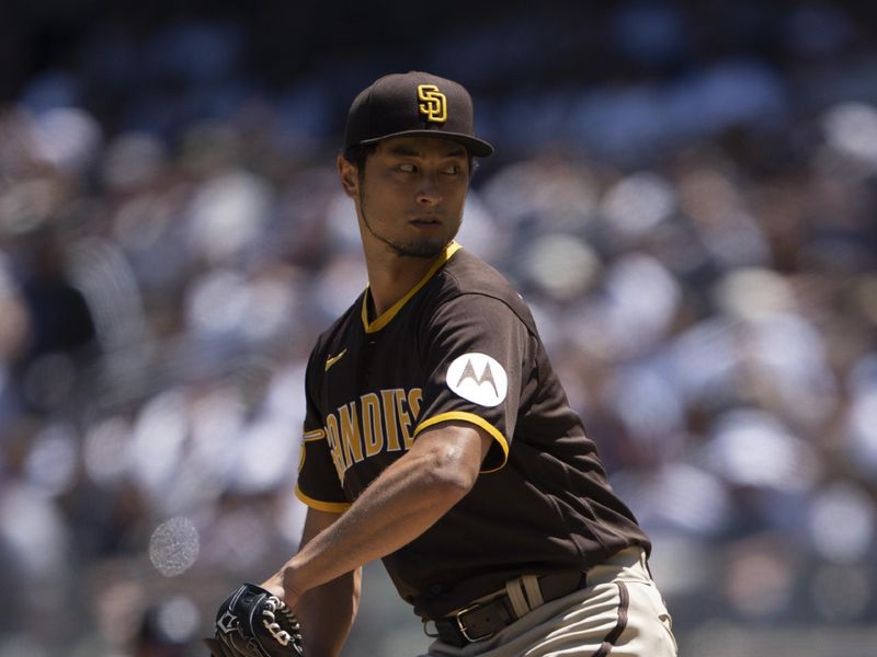 May 28, 2023; Bronx, New York, USA; San Diego Padres pitcher Yu Darvish (11) delivers a pitch against the New York Yankees during the first inning at Yankee Stadium. Mandatory Credit: Gregory Fisher-USA TODAY Sports