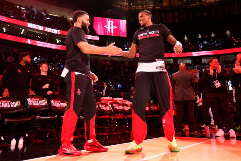 LAS VEGAS, NV - DECEMBER 14: Fred VanVleet #5 and Jalen Green #4 of the Houston Rockets high five before the game against the Oklahoma City Thunder during the Emirates NBA Cup Semifinal game on December 14, 2024 at T-Mobile Arena in Las Vegas, Nevada. NOTE TO USER: User expressly acknowledges and agrees that, by downloading and/or using this Photograph, user is consenting to the terms and conditions of the Getty Images License Agreement. Mandatory Copyright Notice: Copyright 2024 NBAE (Photo by Logan Riely/NBAE via Getty Images)