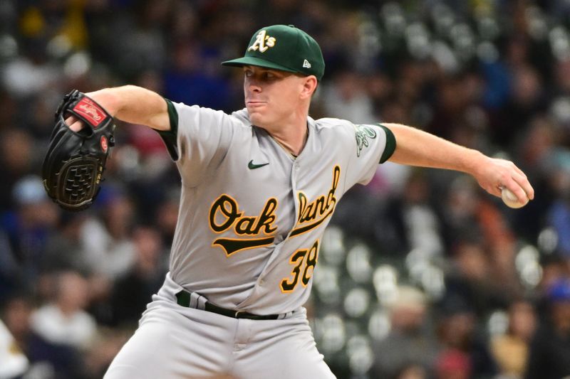 Jun 11, 2023; Milwaukee, Wisconsin, USA; Oakland Athletes pitcher JP Sears (38) pitches against the Milwaukee Brewers in the first inning at American Family Field. Mandatory Credit: Benny Sieu-USA TODAY Sports