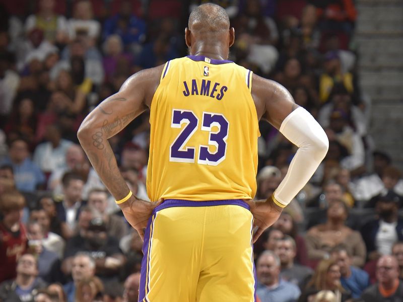 CLEVELAND, OH - OCTOBER 30: LeBron James #23 of the Los Angeles Lakers looks on during the game against the Cleveland Cavaliers on October 30, 2024 at Rocket Mortgage FieldHouse in Cleveland, Ohio. NOTE TO USER: User expressly acknowledges and agrees that, by downloading and/or using this Photograph, user is consenting to the terms and conditions of the Getty Images License Agreement. Mandatory Copyright Notice: Copyright 2024 NBAE (Photo by David Liam Kyle/NBAE via Getty Images)