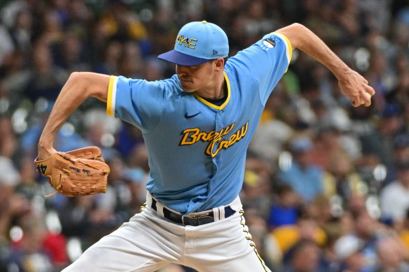 Sep 1, 2023; Milwaukee, Wisconsin, USA; Milwaukee Brewers pitcher Hoby Milner (55) pitches against the Philadelphia Phillies in the seventh inning at American Family Field. Mandatory Credit: Benny Sieu-USA TODAY Sports