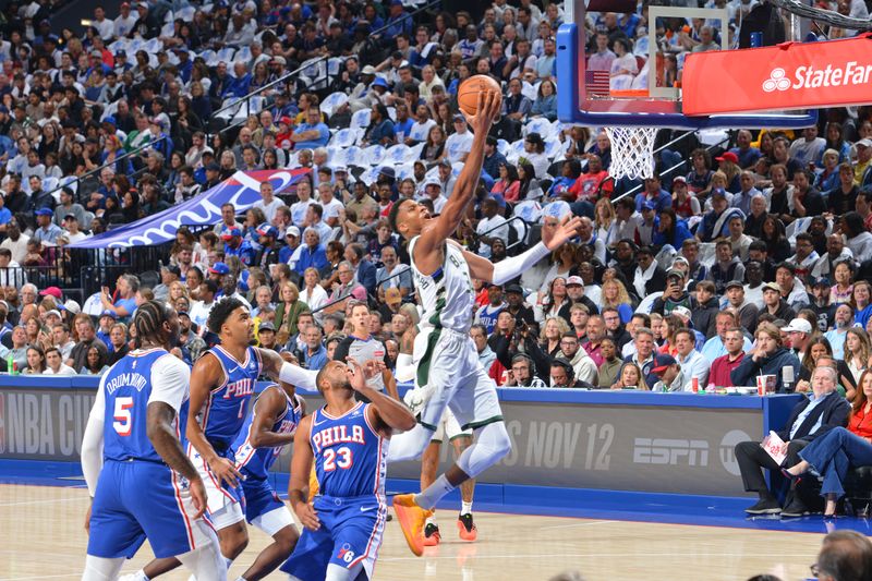 PHILADELPHIA, PA - OCTOBER 22: Giannis Antetokounmpo #34 of the Milwaukee Bucks drives to the basket during the game against the Philadelphia 76ers on October 22, 2024 at the Wells Fargo Center in Philadelphia, Pennsylvania NOTE TO USER: User expressly acknowledges and agrees that, by downloading and/or using this Photograph, user is consenting to the terms and conditions of the Getty Images License Agreement. Mandatory Copyright Notice: Copyright 2024 NBAE (Photo by Jesse D. Garrabrant/NBAE via Getty Images)