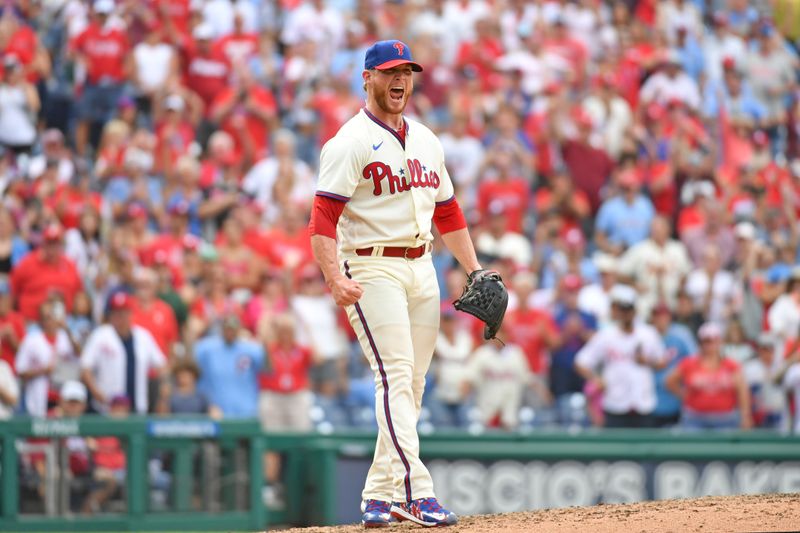 Aug 27, 2023; Philadelphia, Pennsylvania, USA; Philadelphia Phillies relief pitcher Craig Kimbrel (31) reacts after getting the final out during the ninth inning against the St. Louis Cardinals at Citizens Bank Park. Mandatory Credit: Eric Hartline-USA TODAY Sports