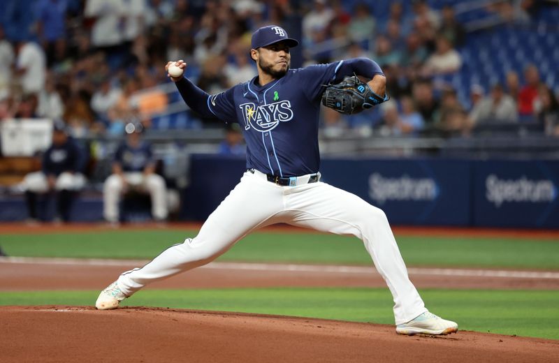 May 20, 2024; St. Petersburg, Florida, USA; Tampa Bay Rays pitcher Taj Bradley (45) throws a pitch during the first inning against the Boston Red Sox at Tropicana Field. Mandatory Credit: Kim Klement Neitzel-USA TODAY Sports